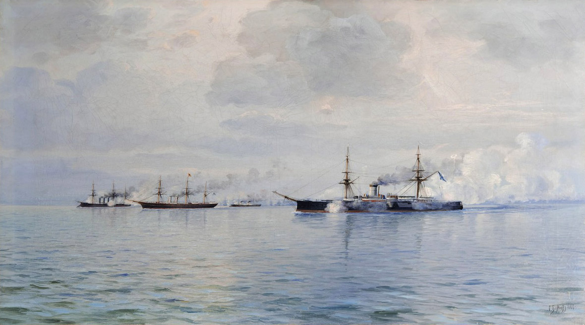 Императорская яхта Держава в сопровождении боевых кораблей